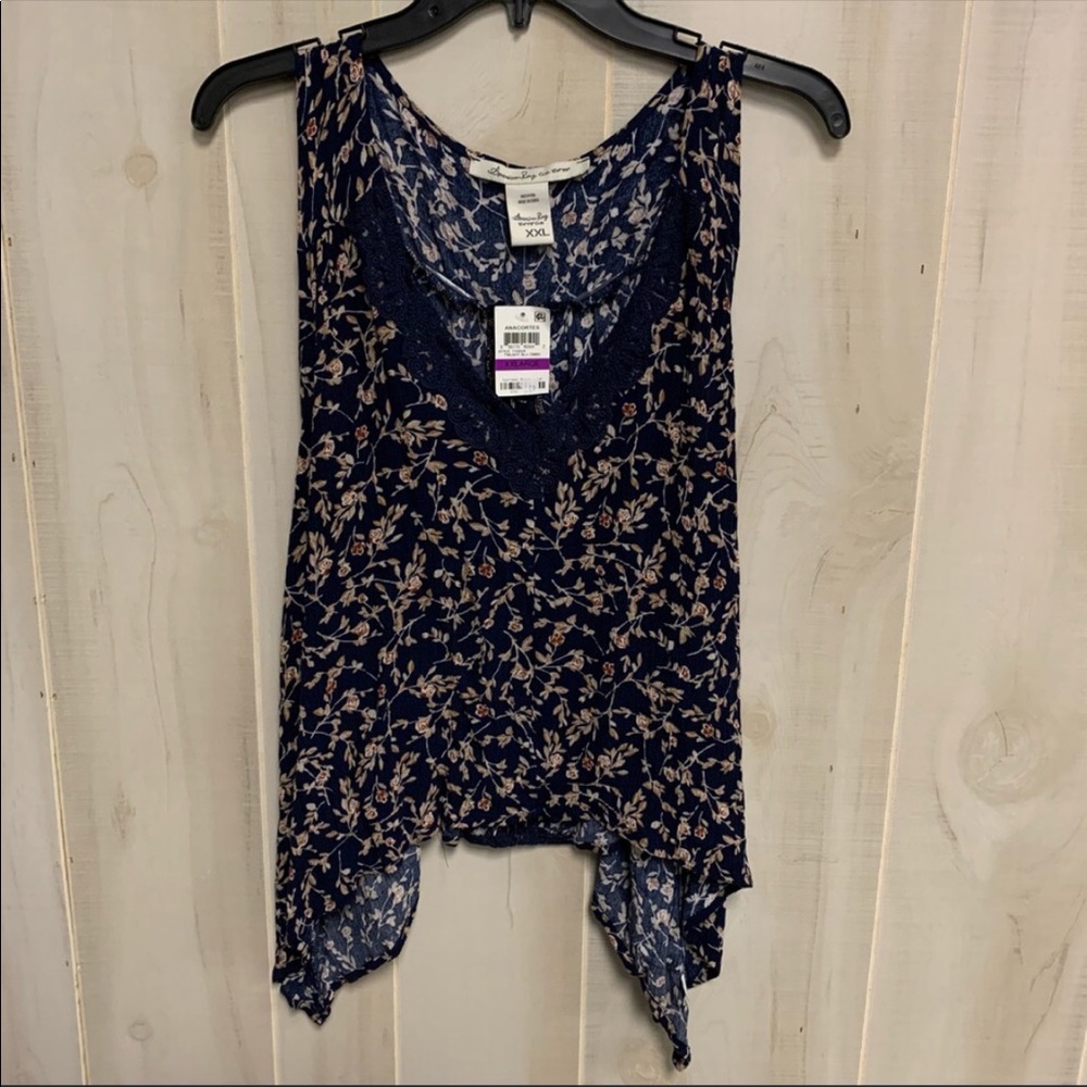 American Rag XX-Large Blue Floral Print Crochet Trim Top
